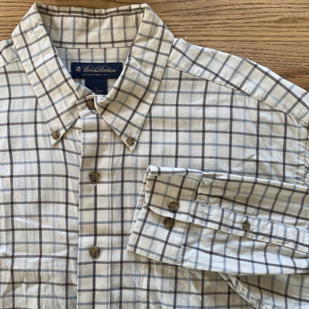 Brooks Brothers Button Down Mens XL‎ Windowpane Brown Long Sleeve Cotton